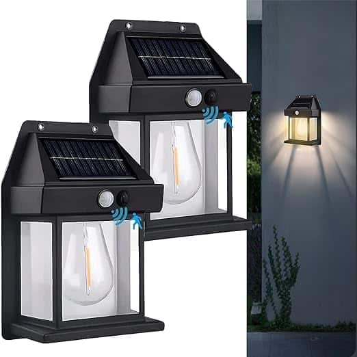 Neo Elect Solar Motion Sensor LED Lamp Warm White Light Outdoor for Home Wall Room Balcony Garage Backyard Garden (Pack of 2)