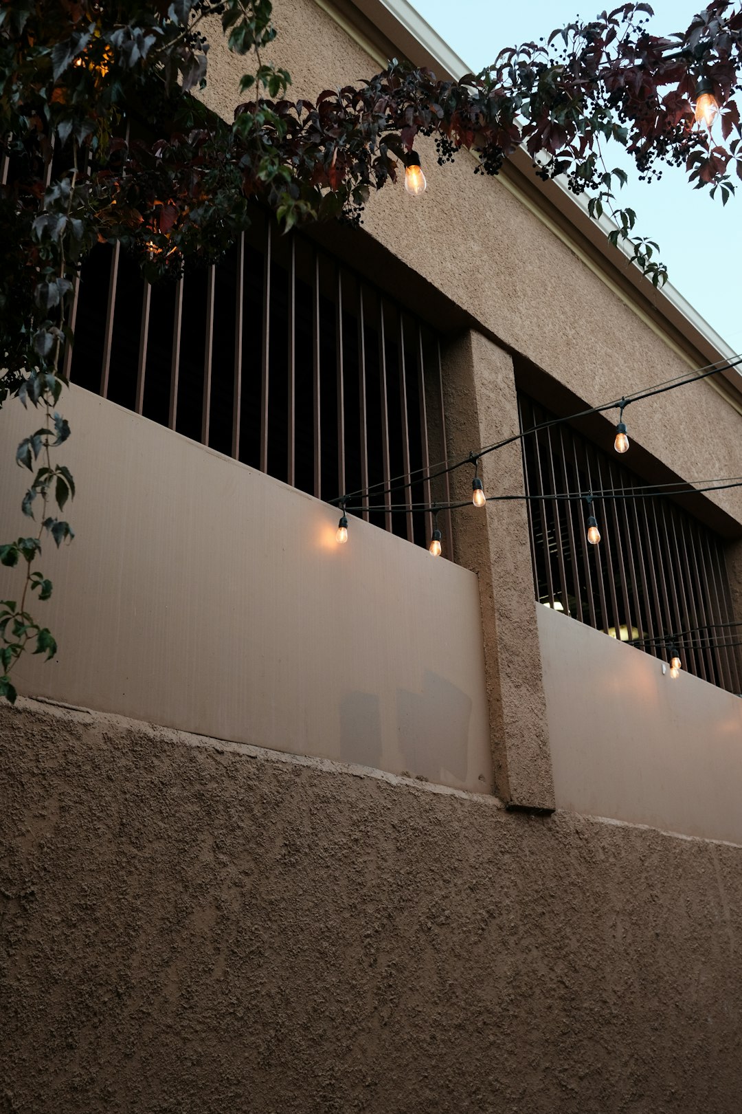 a tall building with a bunch of lights hanging from it's sides