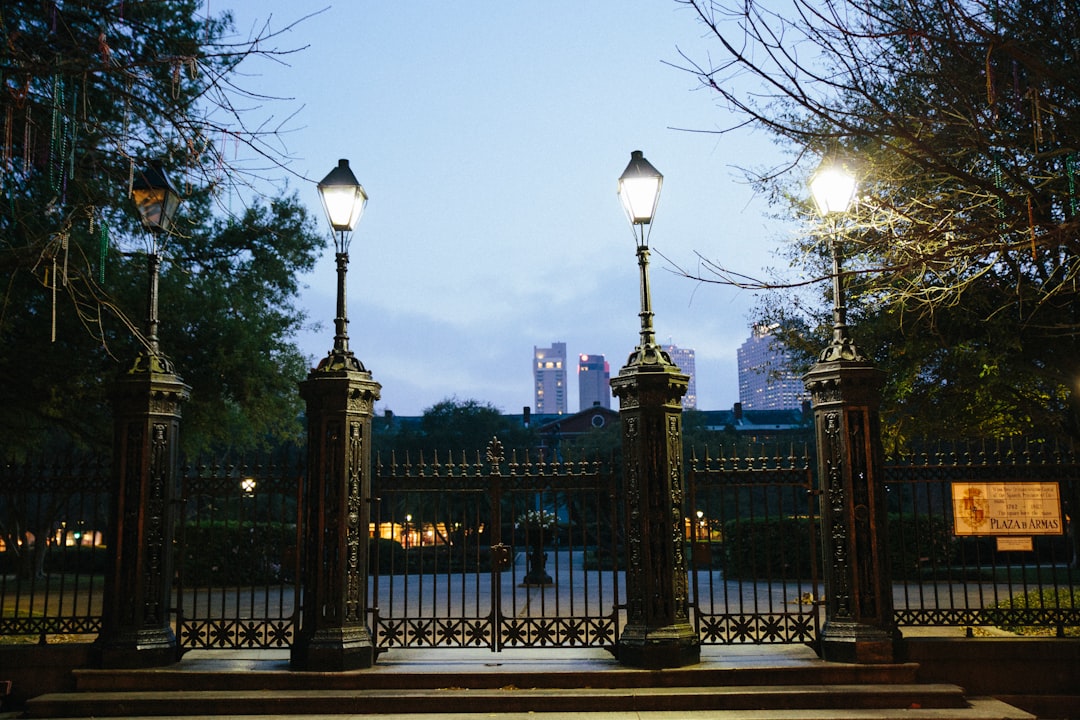 a couple of street lamps sitting on top of a sidewalk