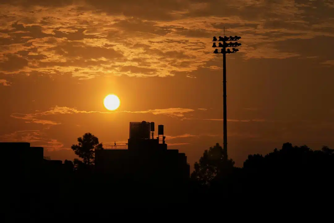The sun is setting over a city skyline